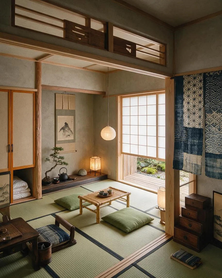 A tranquil Japanese Zen-style sunroom with tatami mat flooring, low bamboo tea table, green floor cushions, shoji-style windows, and warm wood framing. A hanging paper lantern, floor lamp, bonsai, and indigo patterned textiles add soft light and handcrafted texture.