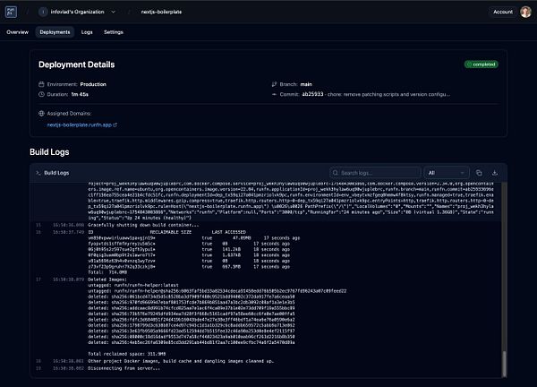 The image displays a deployment interface for a Next.js application with build logs and deployment details.