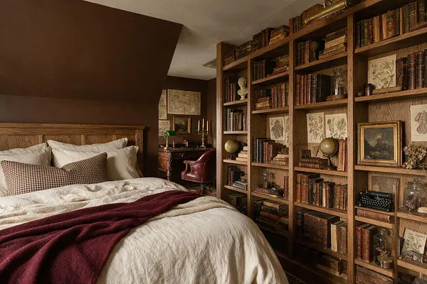 A dark academia master bedroom with a wooden bed frame, layered cream bedding, checkered accent pillows, and a burgundy throw blanket. Built-in wooden bookshelves line the wall, filled with old books, globes, framed art, and vintage objects, creating a warm, scholarly atmosphere.