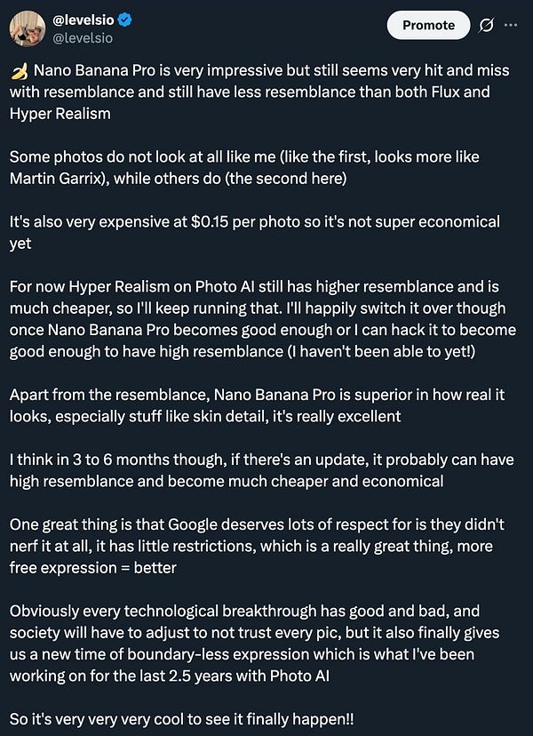 A Twitter post discussing the capabilities and limitations of the Nano Banana Pro photo AI tool.