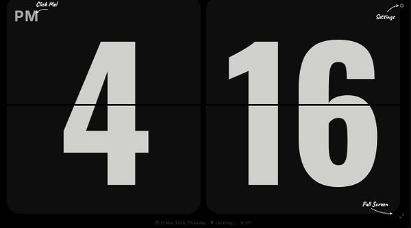 Screenshot of the Flapclock website showing a round analog-style flip clock on a red background with additional interactive features.