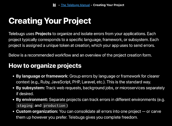 The image displays a section of the Telebugs manual focused on creating a project.
