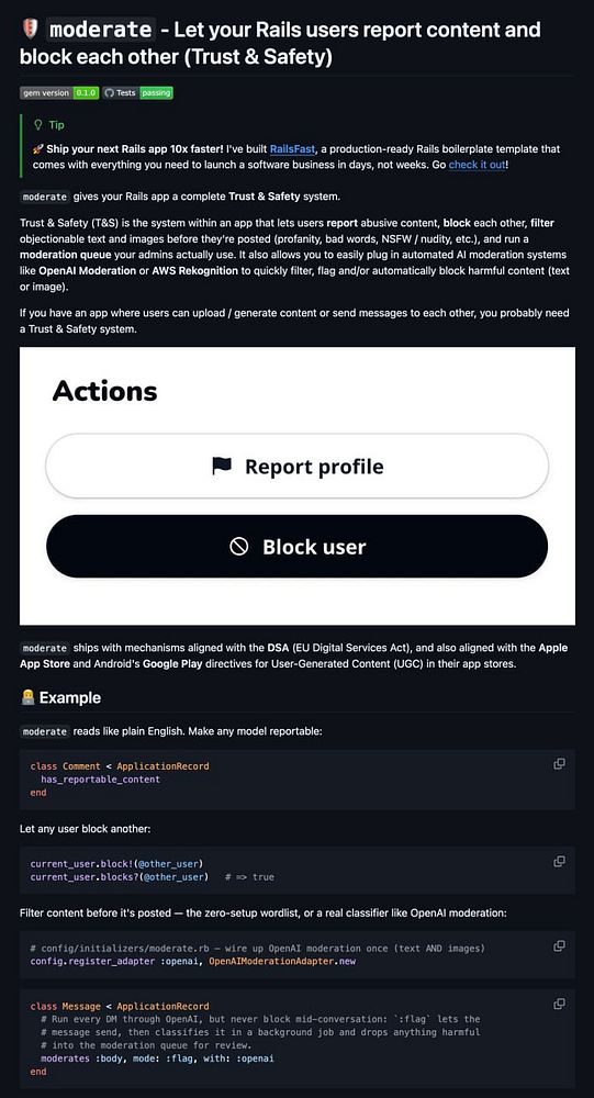 Screenshot of a GitHub repository page for an open-source Trust & Safety system project named Moderate, including file list and commit history.