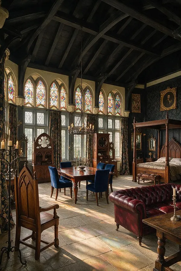 A dramatic Gothic-style sunroom with a high exposed dark timber ceiling, tall pointed stained-glass windows, and stone flooring. The room includes a wooden dining table with blue velvet chairs, a four-poster bed, a burgundy leather sofa, candle stands, and ornate carved wood furnishings.