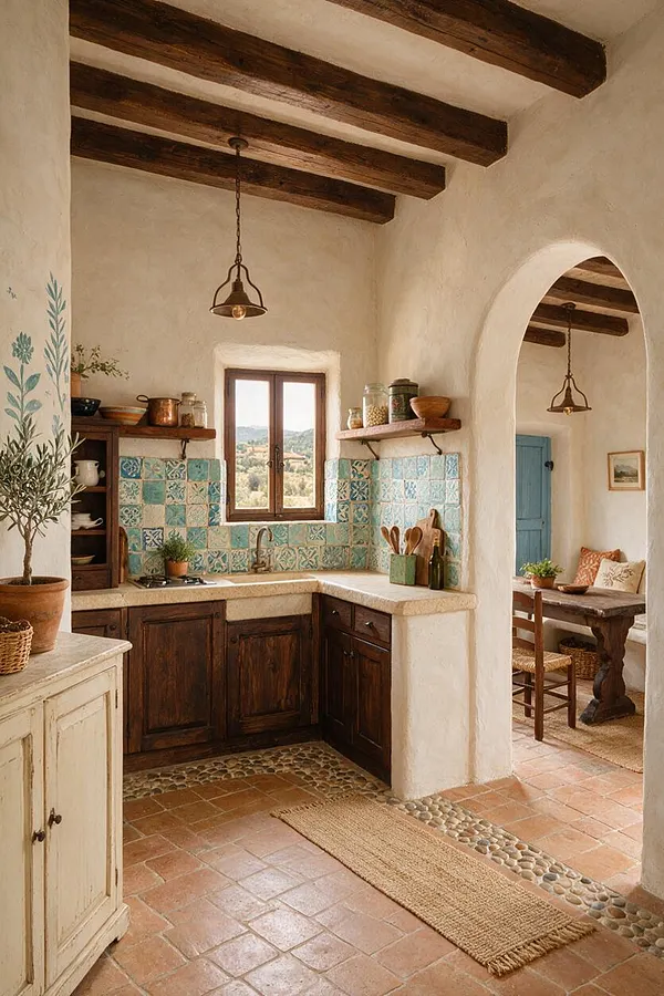 A Mediterranean-style kitchen with plaster walls, dark wood ceiling beams, terracotta floor tiles, and dark wood lower cabinets. Turquoise patterned tile backsplash surrounds a small window above the sink, while an arched opening reveals a cozy adjacent dining nook.