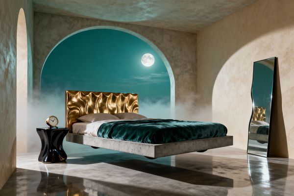 A surreal bedroom with a floating concrete platform bed beneath a rippled metallic gold headboard, set before a large arched opening that reveals a teal night sky and full moon. Mist drifts at floor level; a deep teal velvet blanket covers the bed, a glossy black sculptural side table holds a small gold-trimmed clock, and a wavy-edged floor mirror leans against warm plaster walls over a polished concrete floor.