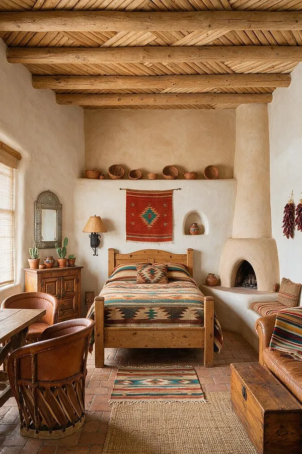 A cozy Southwestern master bedroom with an exposed timber ceiling, white adobe-style walls, and a carved wooden bed layered with patterned woven textiles. The room includes a kiva-style fireplace, clay pots, leather seating, a rustic wood chest, and warm natural light from a side window.