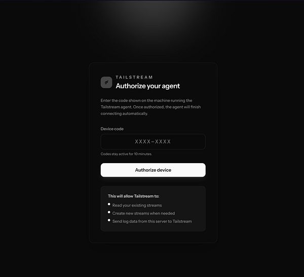 A user interface for authorizing a device with Tailstream using a device code.