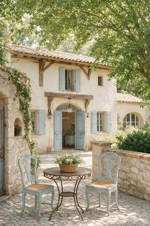 A charming French Country courtyard with a stucco house, weathered wood beams, pale blue shutters, and a tiled roof shaded by mature trees. In the foreground, two distressed blue chairs flank a round wrought iron table topped with a basket of flowers on a cobblestone patio.