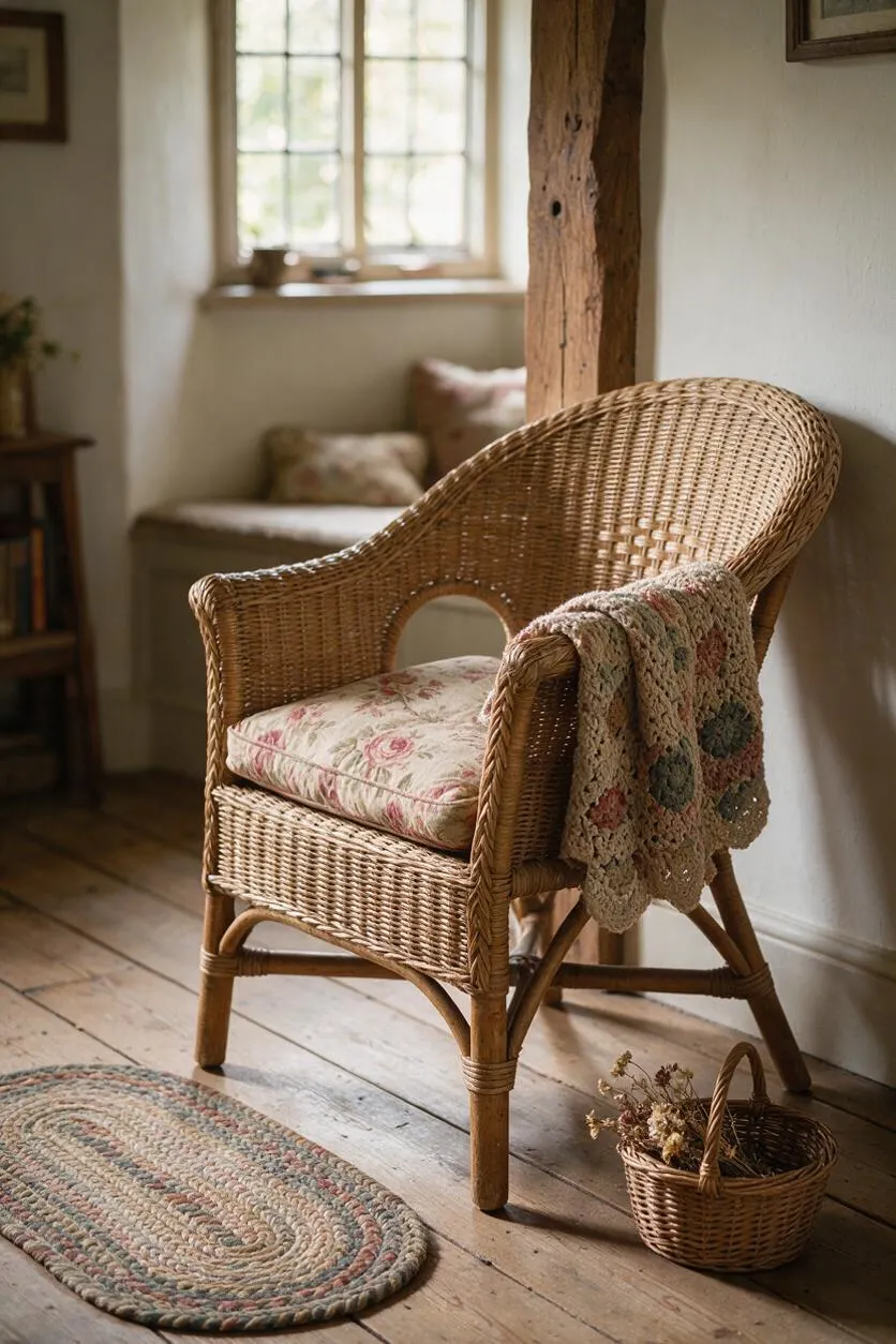A cozy cottagecore corner featuring a woven wicker armchair with a floral seat cushion and a crocheted throw draped over the arm. The chair sits on painted wooden floorboards beside a braided oval rug and a small basket of dried flowers, with a rustic beam and soft window light completing the scene.