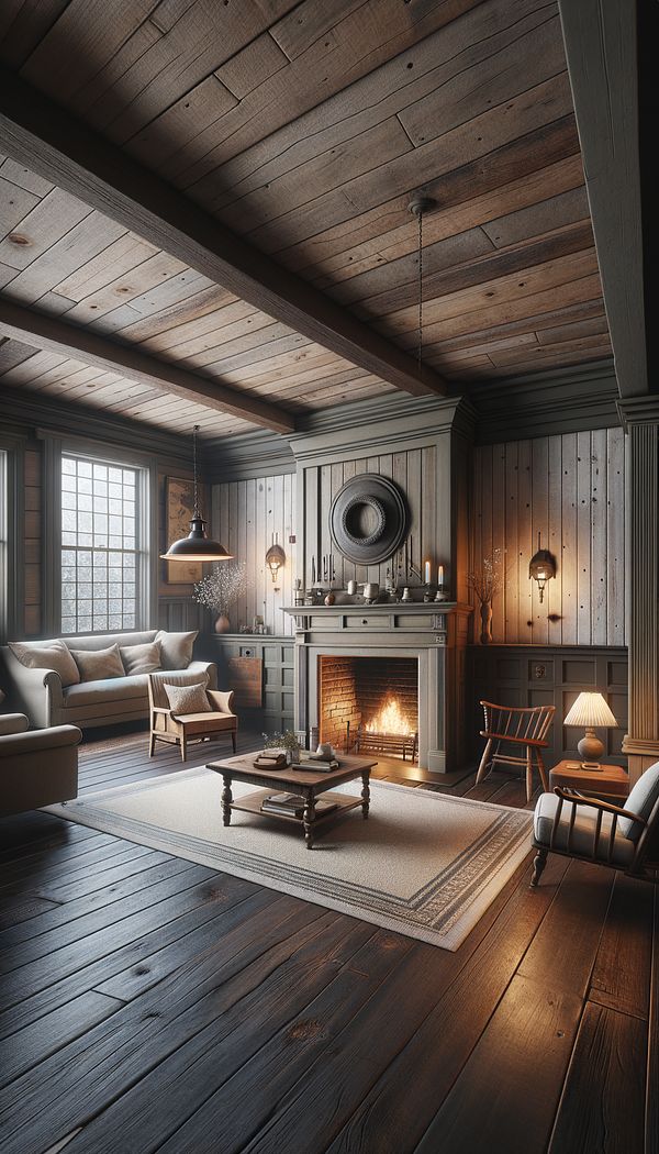 A cozy living room featuring American Colonial design elements such as a large central fireplace, hardwood floors, simple wooden furniture, and muted color palettes with natural accents.