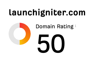 The image displays the domain rating for launchigniter.com, which has reached 50.