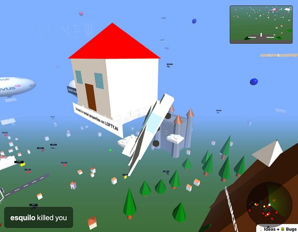 A colorful 3D virtual environment featuring a floating house and various objects.
