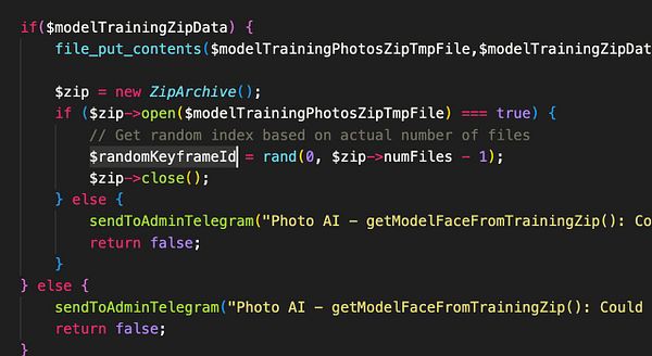 The image displays a code snippet related to handling a zip file for photo training data.