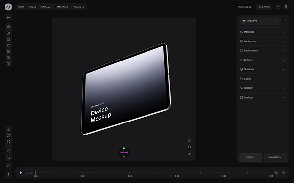 A digital interface displaying a 3D mockup of an iPad Pro with various design options.