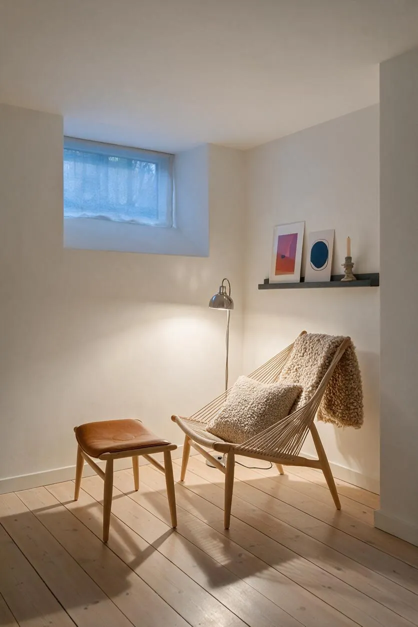 A small Scandinavian-style basement nook with pale wood plank flooring, white walls, a low rectangular window with a sheer shade, and a simple wooden lounge chair with a fluffy cream cushion and throw. A matching leather stool, slim chrome floor lamp, and floating shelf with framed art complete the calm, minimal space.