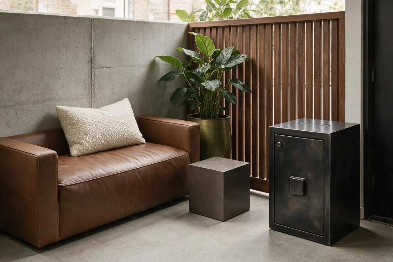 A minimalist front porch features a low brown leather sofa with a textured cream pillow, set against a raw concrete wall. A slatted wood screen, potted greenery, a blocky side table, and a black metal cabinet add warm, industrial contrast.