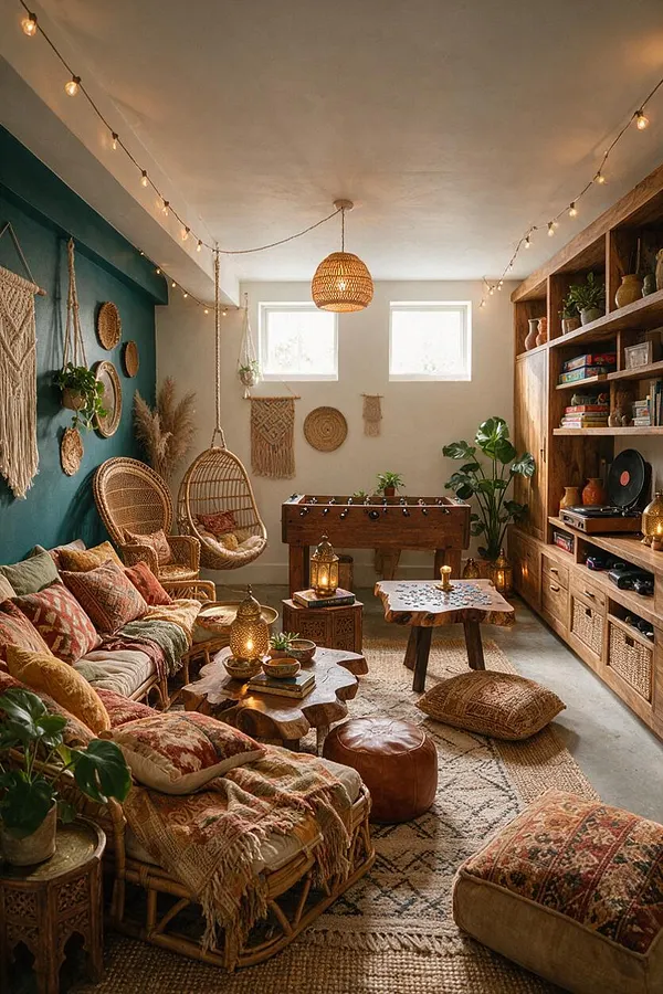 A bohemian-style game room with wicker lounge chairs, patterned cushions, and a foosball table centered beneath two small windows. The room features a teal accent wall, woven wall hangings, string lights, a rattan pendant lamp, and a large wooden shelving unit filled with books, baskets, and decor.