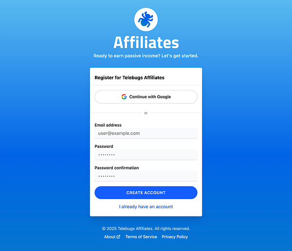 The image displays an affiliate registration form for Telebugs.