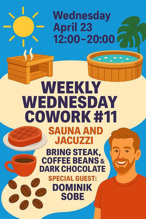 A colorful promotional poster for a coworking event featuring various activities and a special guest.