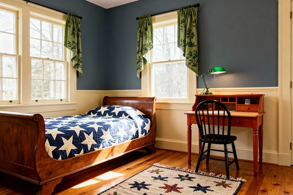 Sunlit children’s bedroom with a warm cherry sleigh bed dressed in a navy quilt patterned with large white stars, set beside a compact writing desk with cubbies and a green banker’s lamp. Slate-blue upper walls with cream wainscoting and wide trim frame two double-hung windows with green patterned valances; a black Windsor chair, wide-plank pine flooring, and a cream rug stitched with red and blue stars complete the traditional, Americana-inspired scene.