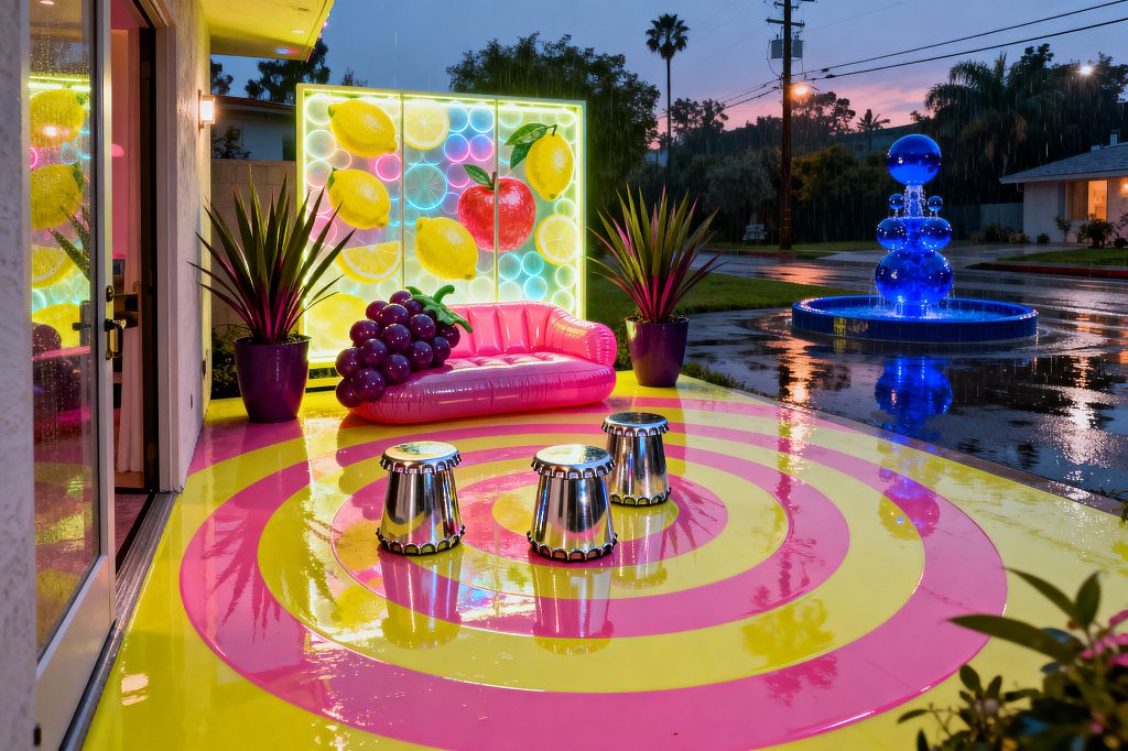 An outdoor patio at dusk shows a glossy floor painted in alternating hot pink and lemon-yellow concentric rings, wet from rain. Three chrome barrel stools sit before a bubblegum-pink vinyl loveseat with a sculptural grape accent. Behind, a backlit acrylic panel displays oversized neon fruit and glowing circles. Two purple planters hold spiky plants. In the yard beyond, a bright blue stacked-sphere fountain illuminates puddles and a palm-lined street.