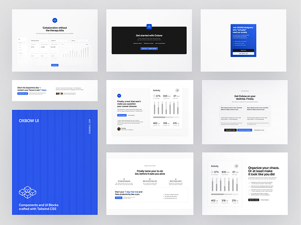 The image displays a collection of user interface designs for the Oxbow UI project.