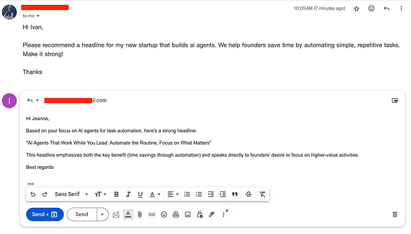 An email conversation discussing a headline for an AI startup focused on task automation.