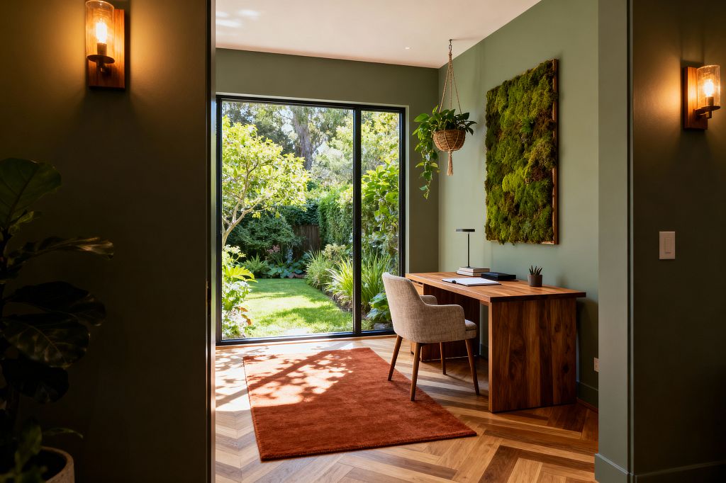 A serene home office with sage-green walls features floor-to-ceiling black-framed sliding glass doors overlooking a sunny garden. Inside, a solid walnut desk with a slim black task lamp and a light beige upholstered chair sits on a rust wool rug atop herringbone oak flooring; a large framed preserved-moss wall piece and a hanging plant add greenery, while warm glass-and-wood sconces illuminate the entry.
