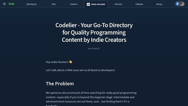 The image displays a webpage from Indie Hackers promoting Codelier, a directory for programming content.