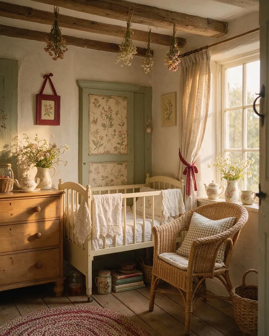 A warm cottagecore nursery with a vintage white crib, natural wicker chair, floral wallpaper accents, and exposed wooden ceiling beams. Soft daylight filters through a window dressed with sheer linen curtains, highlighting antique-style furniture, dried flowers hanging from the ceiling, and a rustic wooden dresser.