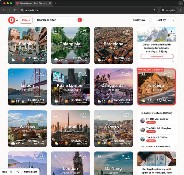 The image displays a grid of popular nomadic locations with details on cost and internet speed.