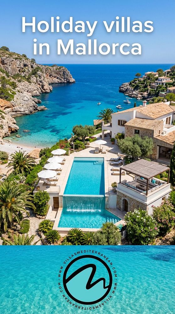 A modern villa with a swimming pool overlooking a coastal Mediterranean landscape under a colorful sky at sunset.