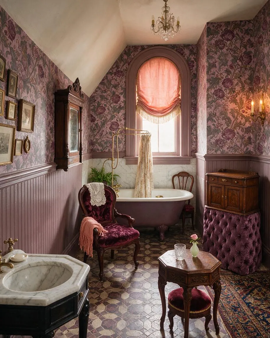 A lavish Victorian-style master bathroom with purple floral wallpaper, mauve wainscoting, and a freestanding bathtub beneath an arched window with a pink drape. The room includes a marble sink, crystal chandelier, antique wood furniture, tufted velvet seating, and patterned tile flooring.