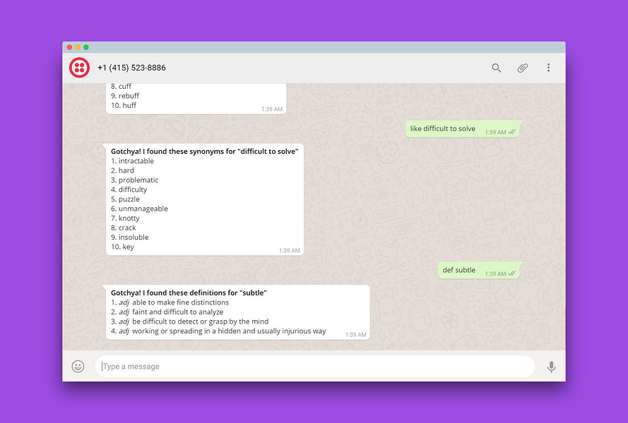 Tiny Thesaurus Bot for Whatsapp