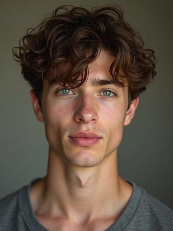 A young man with curly hair and striking green eyes poses for a close-up portrait.