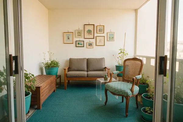 A small enclosed patio with white walls and a teal outdoor rug, furnished with a wooden-framed loveseat, a carved accent chair with patterned upholstery, and a clear side table. Teal planters with greenery line the edges, while a gallery of small framed artworks hangs above the seating area.