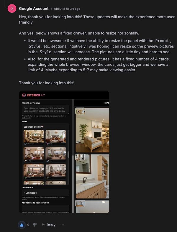 User interface with settings and help panel for adding large screen support on InteriorAI platform.