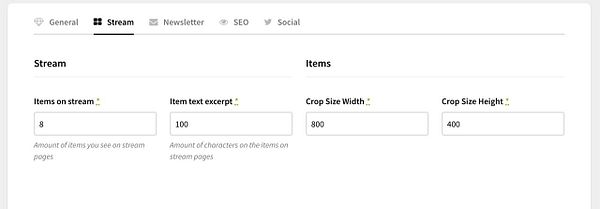 The image shows a settings page with options related to stream items and their crop sizes.