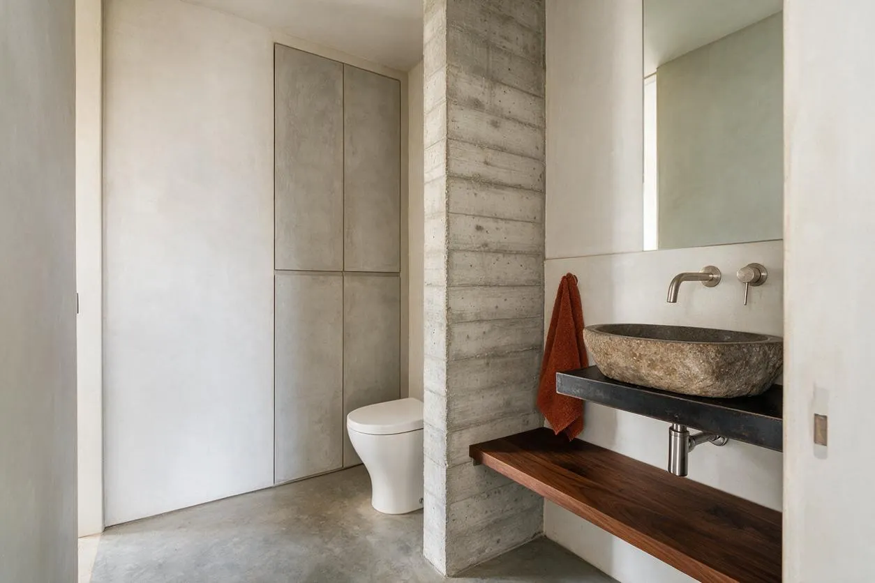 A compact powder room with a Brutalist aesthetic, featuring a textured concrete partition, a stone vessel sink on a dark floating shelf, a warm wood counter below, and a white toilet tucked into a recessed alcove. Large mirror, matte wall surfaces, and minimal fixtures create a clean, sculptural look.
