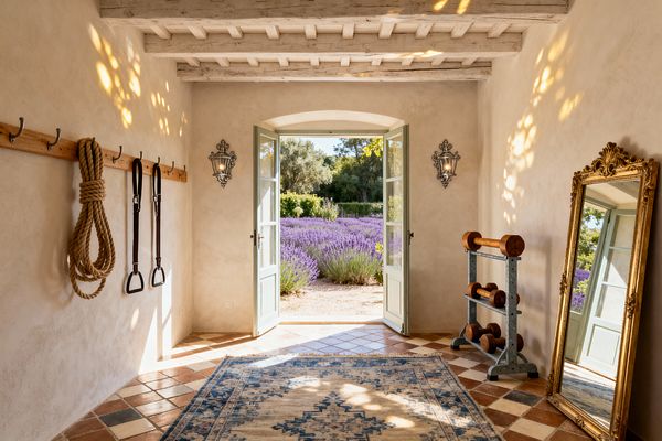 A sunlit home gym with cream plaster walls and a whitewashed beamed ceiling opens through sage green French doors to a field of lavender. Inside, terracotta-and-cream checkerboard tiles and a faded blue rug ground the space, with a wooden peg rail holding a coiled rope and leather stirrup straps, wrought-iron lantern sconces flanking the doors, an ornate gilded floor mirror at right, and a steel rack stacked with turned-wood dumbbells.