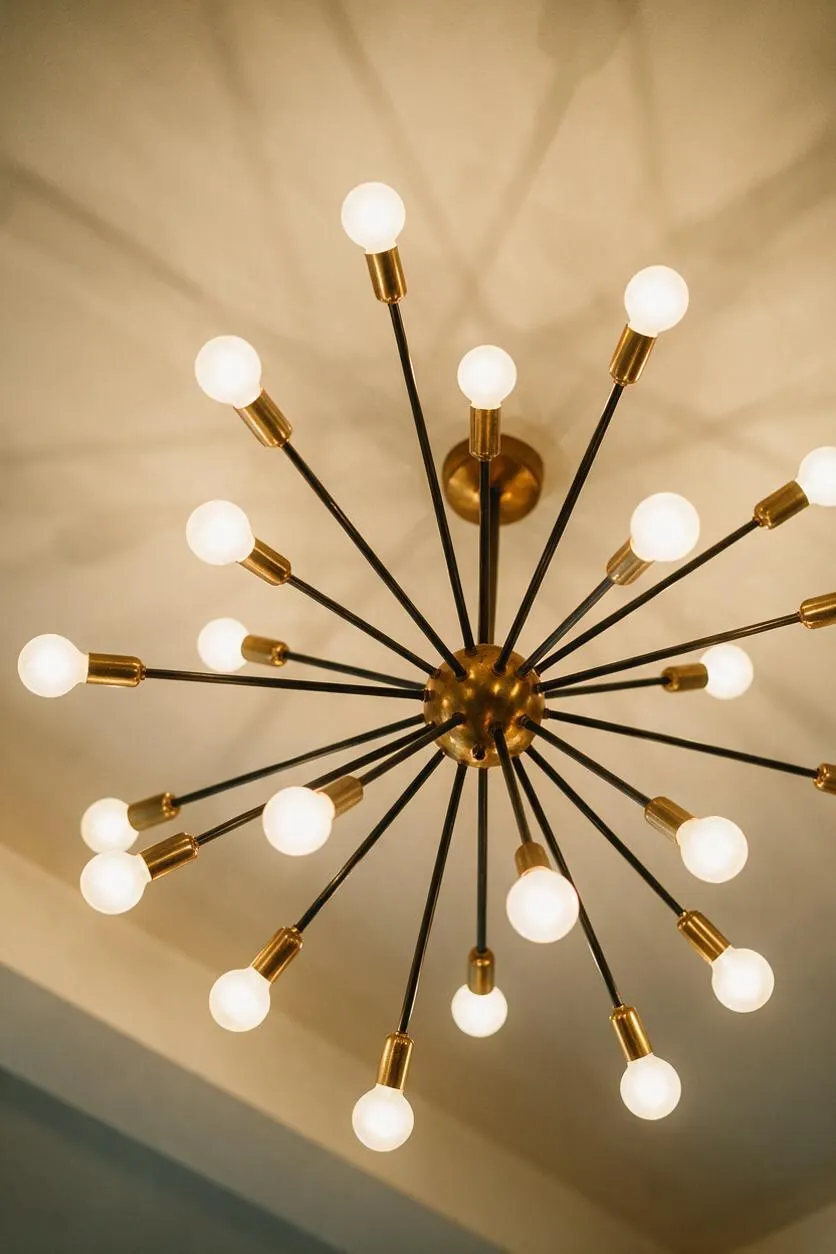 An upward view of a Mid-Century Modern chandelier with a central brass hub and many thin black arms ending in small frosted white globe bulbs. The fixture is mounted on a warm beige ceiling, casting dramatic starburst shadows across the surface.