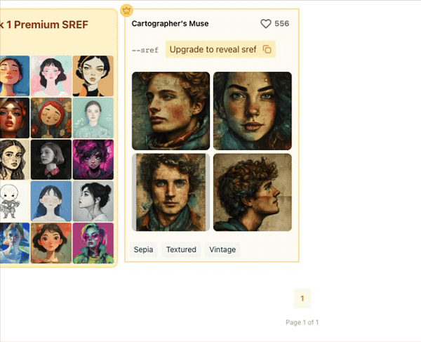 The image displays a grid of artistic portraits alongside a detailed view of a specific artwork titled 'Cartographer's Muse'.