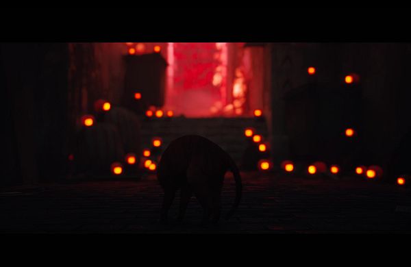 Screenshot of the video game Stray showing a robotic cat character in a futuristic city environment.