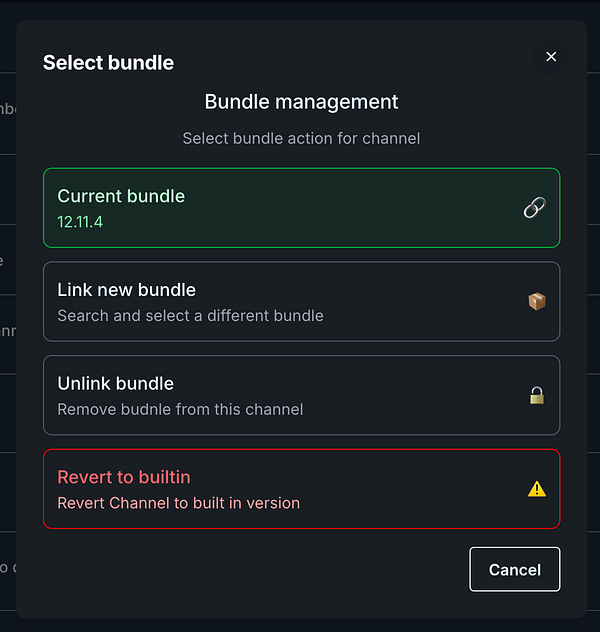The image displays a modal window for bundle management in a software interface.