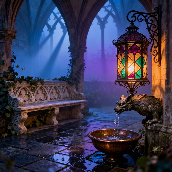A moody Gothic patio features pointed stone arches and a carved limestone bench overgrown with trailing ivy, set on wet, reflective slate tiles. At the right, a wrought-iron bracket holds a glowing stained-glass lantern in emerald, magenta, and amber above a patinated gargoyle spout that pours into a bronze basin, while blue-purple mist softens the distant arches.