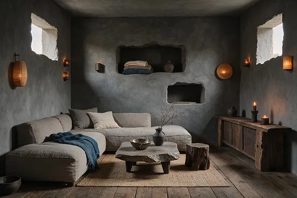 A moody basement living space with rough plaster walls, a low beige sectional sofa, and carved wall niches holding folded textiles and pottery. Natural wood floors, a stone coffee table, woven lighting, candles, and a rustic wood console create a calm Wabi-Sabi atmosphere.