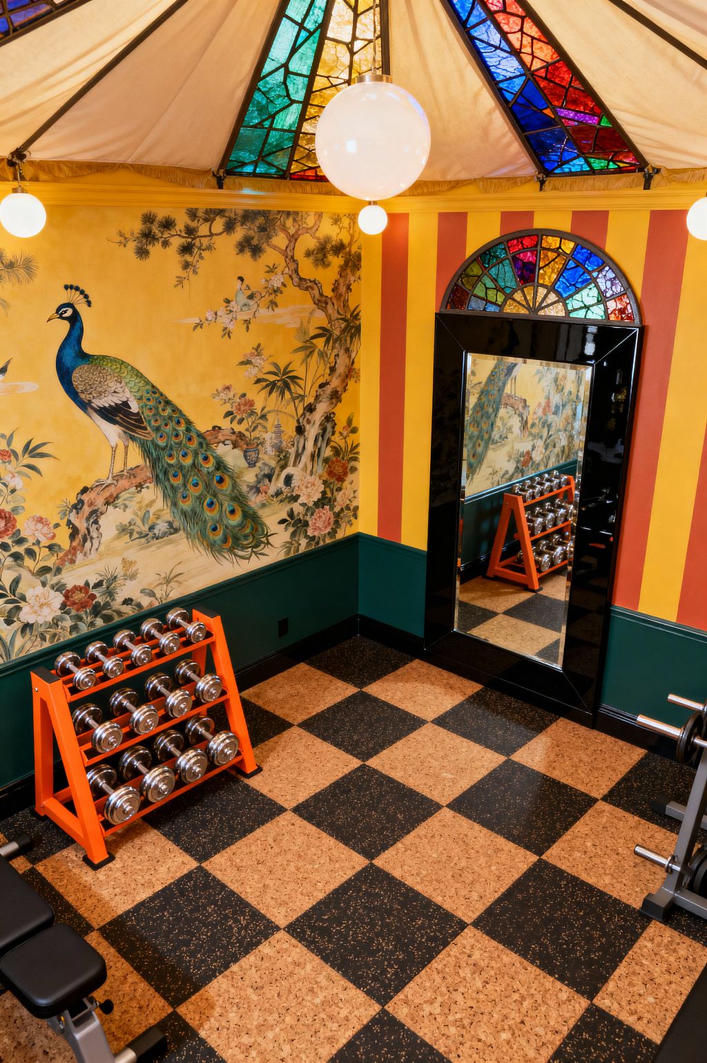 A maximalist home gym features a large peacock chinoiserie mural on golden yellow walls above deep green wainscoting. An orange metal rack holds rows of chrome dumbbells on a black-and-cork checkerboard floor beside a padded weight bench. A tall black-framed mirror stands under an arched stained-glass transom, while a tented canvas ceiling is segmented by colorful stained-glass panels and lit with round globe pendants. Adjacent walls show vertical marigold and rust stripes.