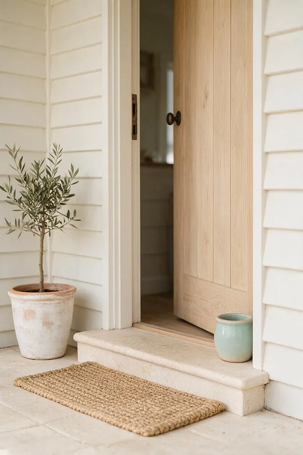 A coastal-style exterior entryway with cream horizontal siding, a light oak front door, and a pale stone step. A woven natural fiber doormat sits on the porch beside a potted olive tree in a weathered terracotta pot and a small pale blue ceramic planter.