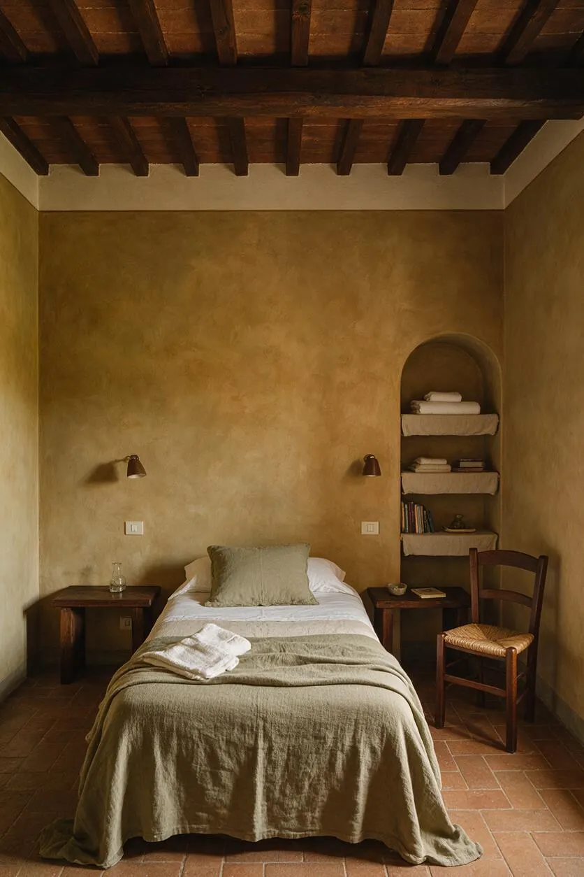 A cozy Mediterranean guest bedroom with a single bed centered against a warm ochre plaster wall, dark exposed ceiling beams overhead, and terracotta tile flooring. The room includes two small wooden bedside tables, wall sconces, a wooden chair with a woven seat, and a recessed arched shelving niche holding folded linens and books.